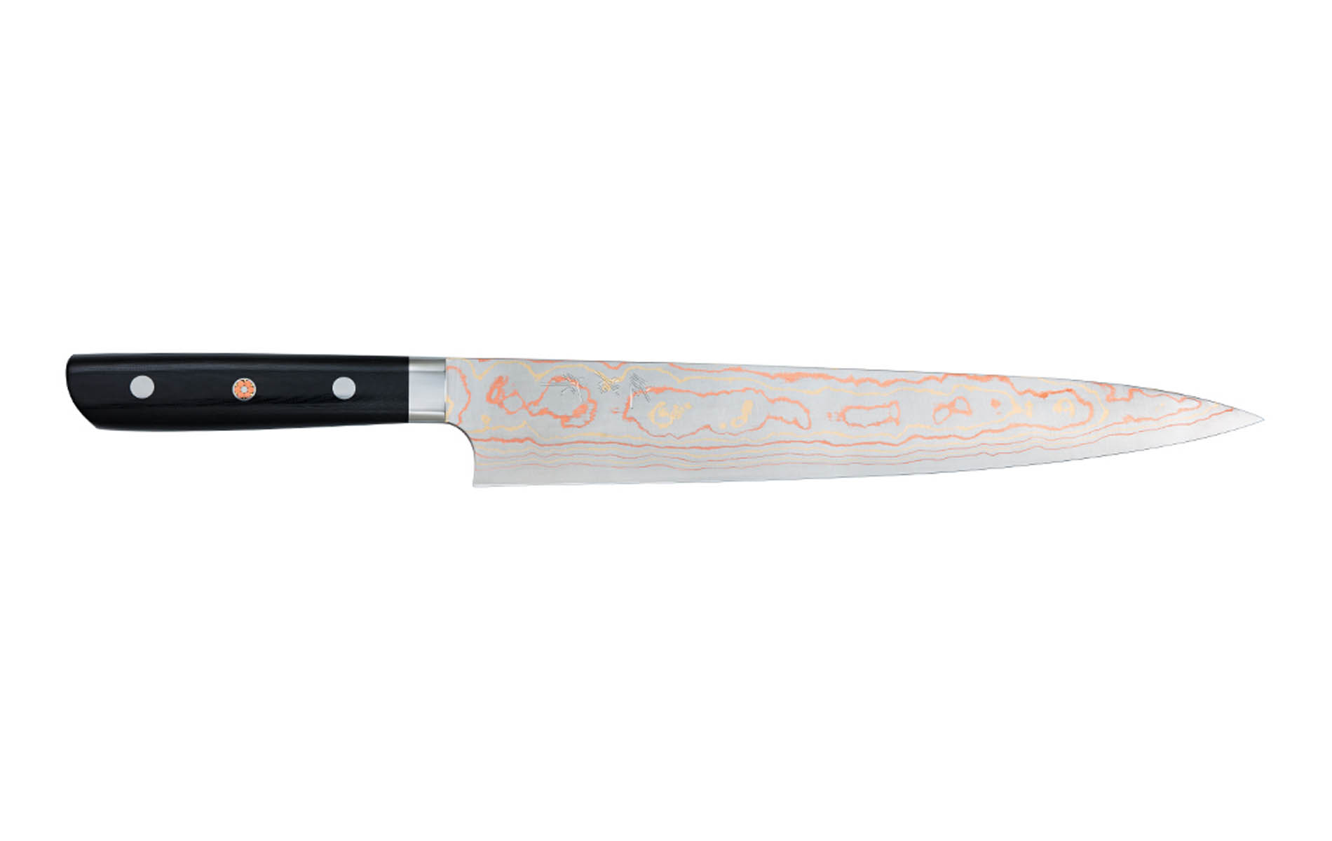Couteau japonais artisanal Rainbow Damascus de Takeshi Saji - Couteau sujihiki 27 cm