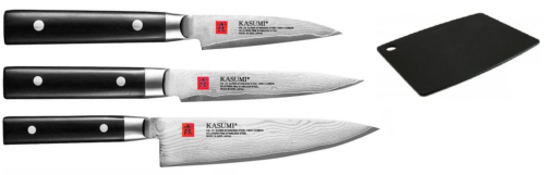 Set de 3 couteaux japonais Kasumi damas forme européenne et planche