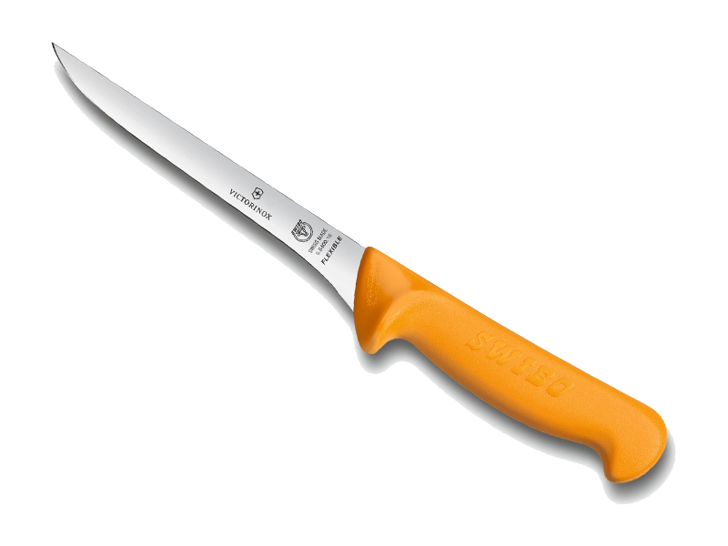 Couteau désosser Swibo, lame étroite flexible usée 16 cm inox, dos droit, manche grillon® jaune