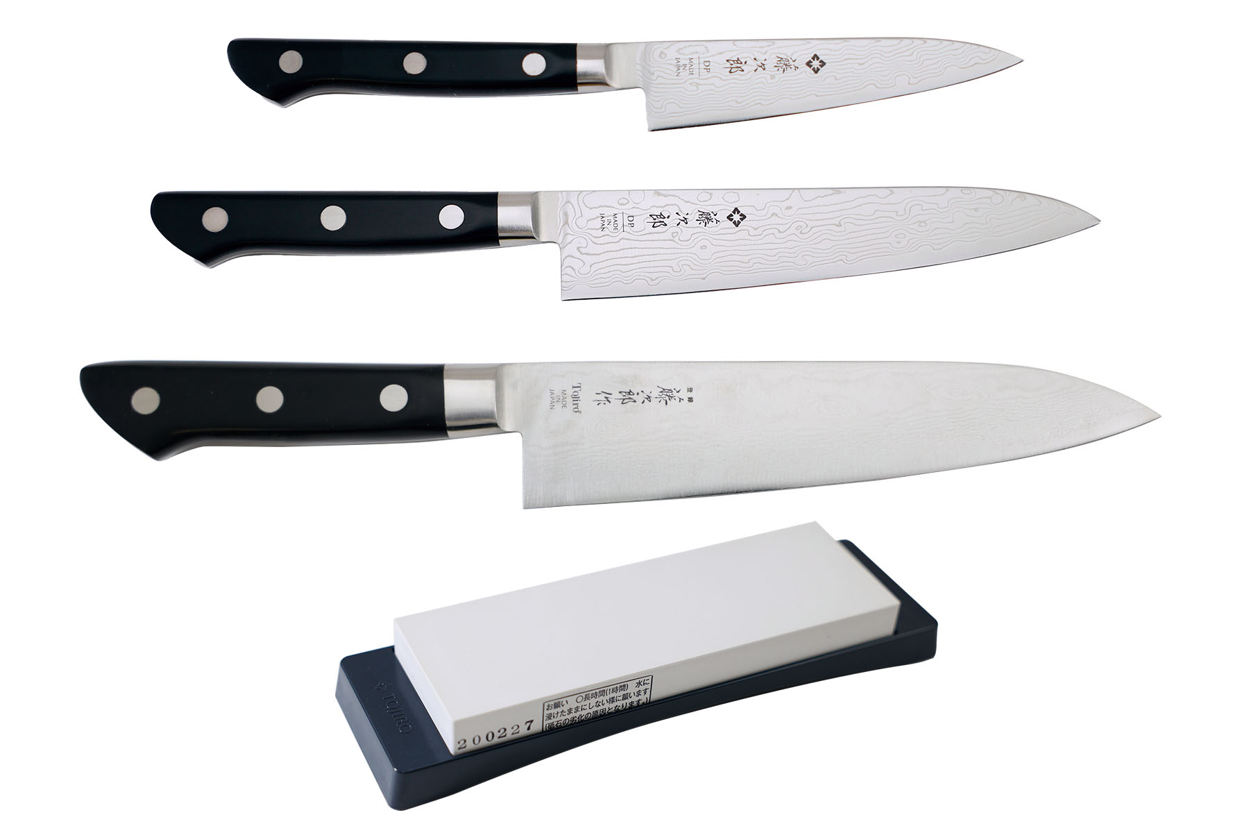 Set de 3 couteaux japonais Tojiro Damascus Pro SGPS - forme européenne et pierre