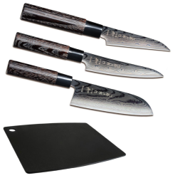 SET DE 3 COUTEAUX DE CUISINE JAPONAIS TOJIRO SHIPPU BLACK "FORME JAPONAISE" ET PLANCHE