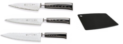 Set de 3 couteaux de cuisine Japonais Tamahagane Kyoto" Forme Européenne " et planche
