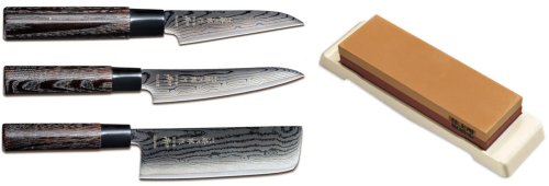 Set de 3 couteaux japonais Tojiro Shippu Black forme vegan + pierre à aiguiser Tojiro