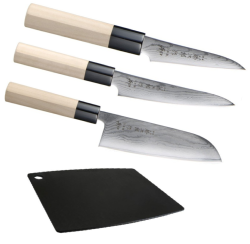 SET DE 3 COUTEAUX DE CUISINE JAPONAIS TOJIRO SHIPPU "FORME JAPONAISE" ET PLANCHE