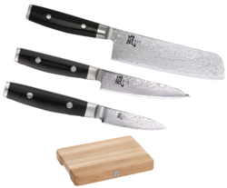 SET 3 COUTEAUX DE CUISINE JAPONAIS YAXELL RAN "FORME VEGAN" PLANCHE