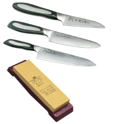 Set de 3 couteaux japonais Tojiro Flash forme européenne + pierre à aiguiser Tojiro