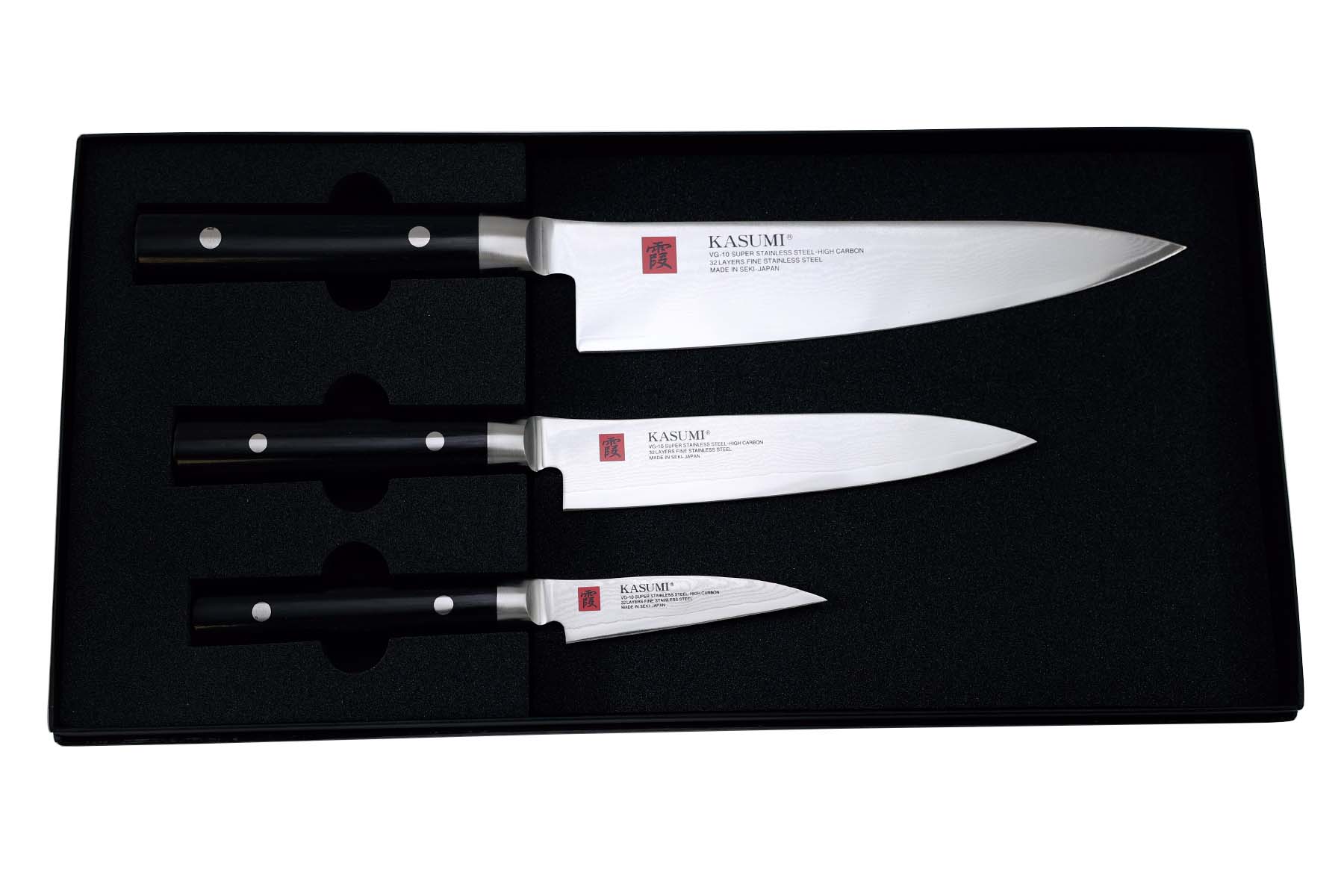 Coffret de 3 couteaux japonais Kasumi Damas (office, universel, chef)