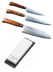 Set de 3 couteaux de cuisine japonais Tamahagane Tsubame pakkawood "forme japonaise" et pierre