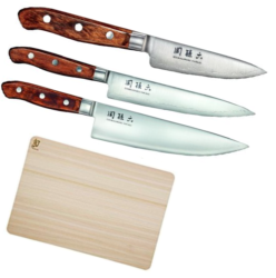 SET DE 3 COUTEAUX DE CUISINE JAPONAIS KAI SEKI MAGOROKU VINTAGE "FORME EUROPÉENNE" ET PLANCHE