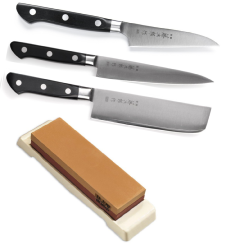 Set de 3 couteaux japonais DP Série Tojiro forme vegan + pierre à affûter Tojiro