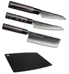 SET DE 3 COUTEAUX DE CUISINE JAPONAIS TOJIRO SHIPPU BLACK "FORME VÉGAN" ET PLANCHE