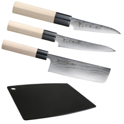 SET DE 3 COUTEAUX DE CUISINE JAPONAIS TOJIRO SHIPPU "FORME VÉGAN" ET PLANCHE