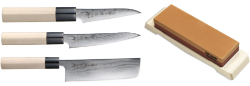 Set de 3 couteaux Tojiro Shippu Damas forme vegan + pierre à aiguiser Tojiro