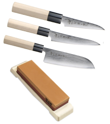 Set de 3 couteaux Tojiro Shippu Damas "forme japonaise" + pierre à aiguiser Tojiro